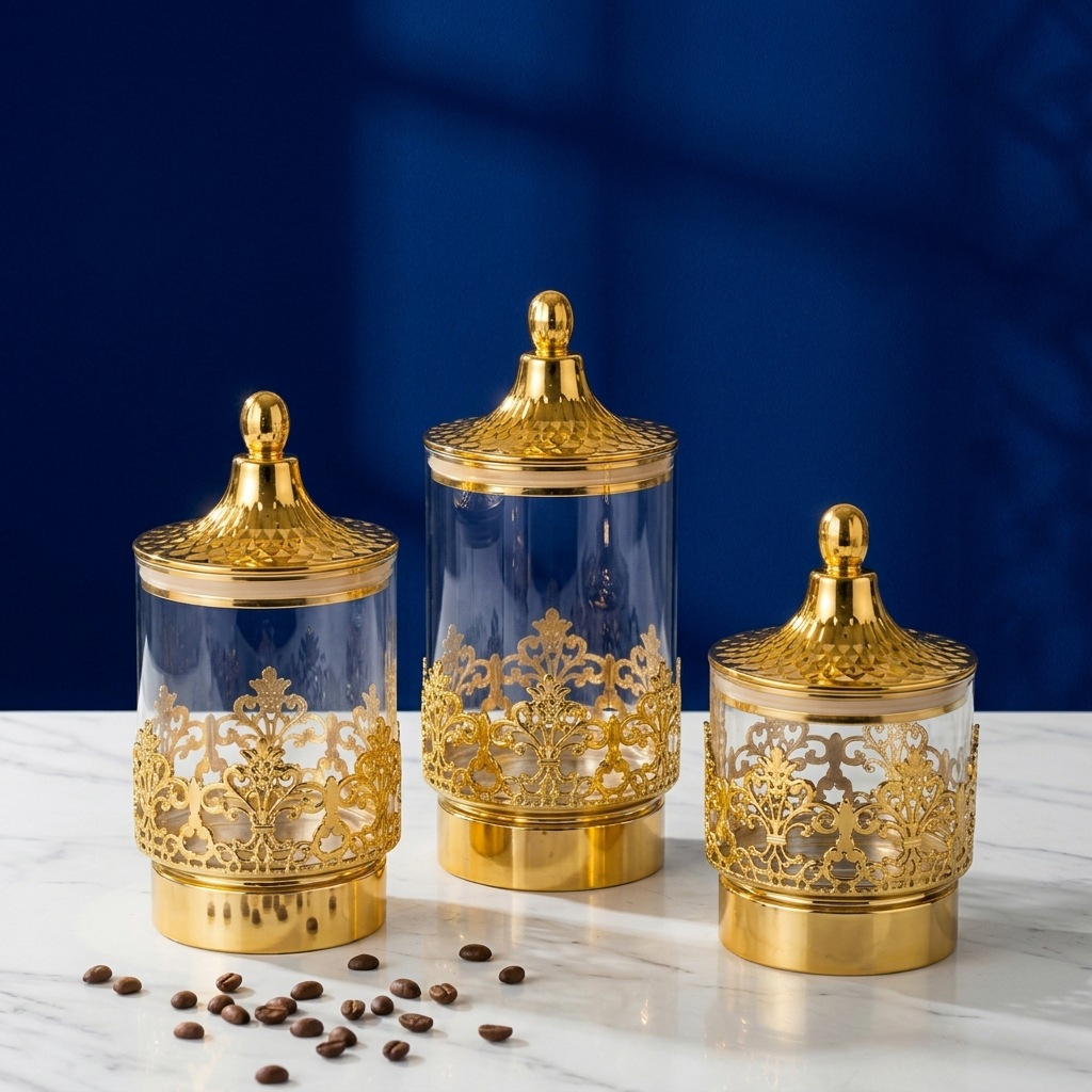 Coffee Tea And Sugar Canisters - Kaleng Putar Berlapis Emas Transparan Eropa,