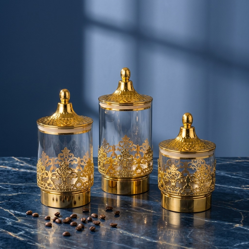 Kaleng Putar Berlapis Emas Tra - Coffee Tea And Sugar Canisters ulasan dan harga