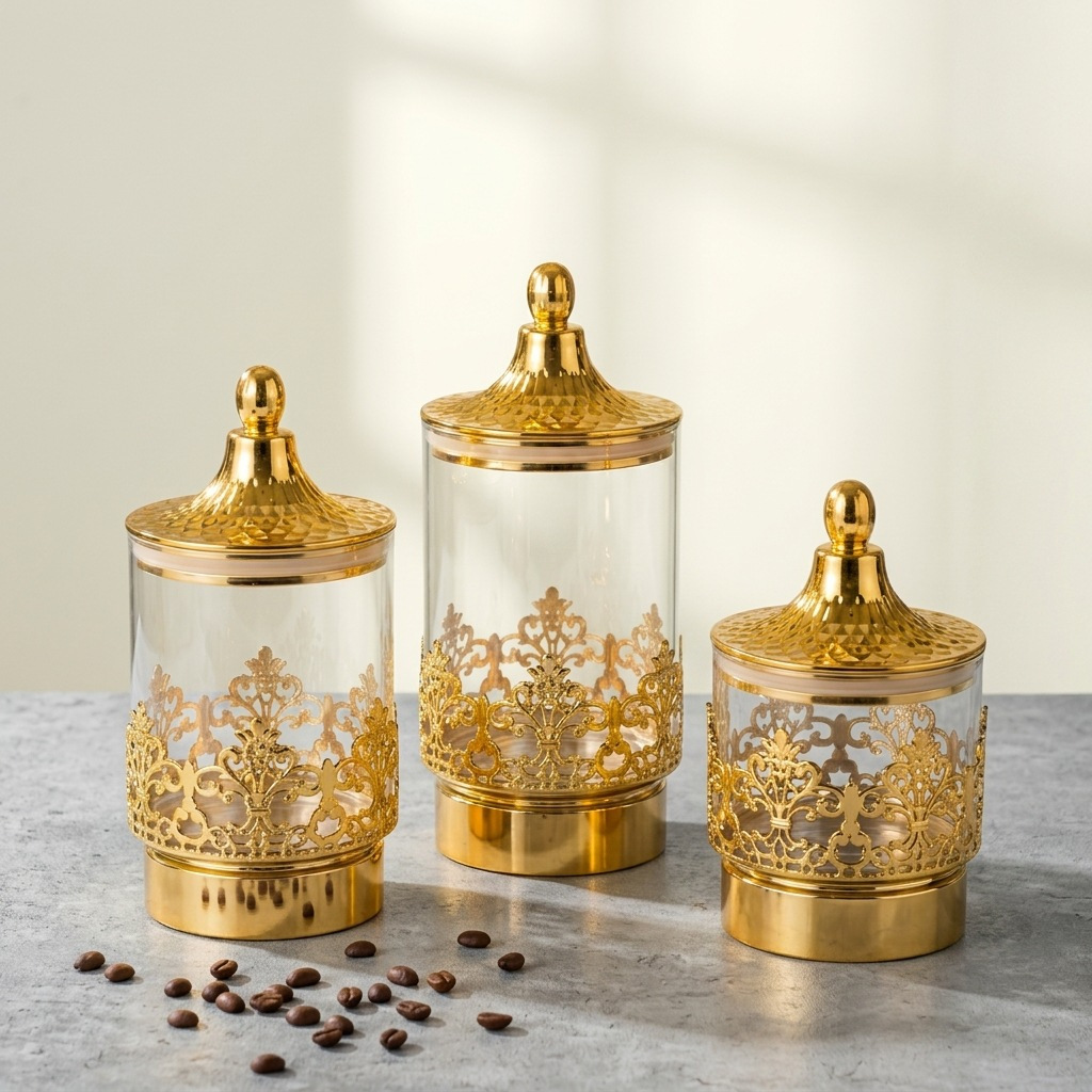 Kaleng Putar Berlapis Emas Tra - Coffee Tea And Sugar Canisters ulasan dan harga